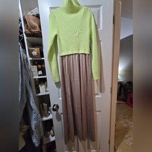 Anthropologie Neon Lime Green Knit Top with Taupe Maxi Skirt Dress